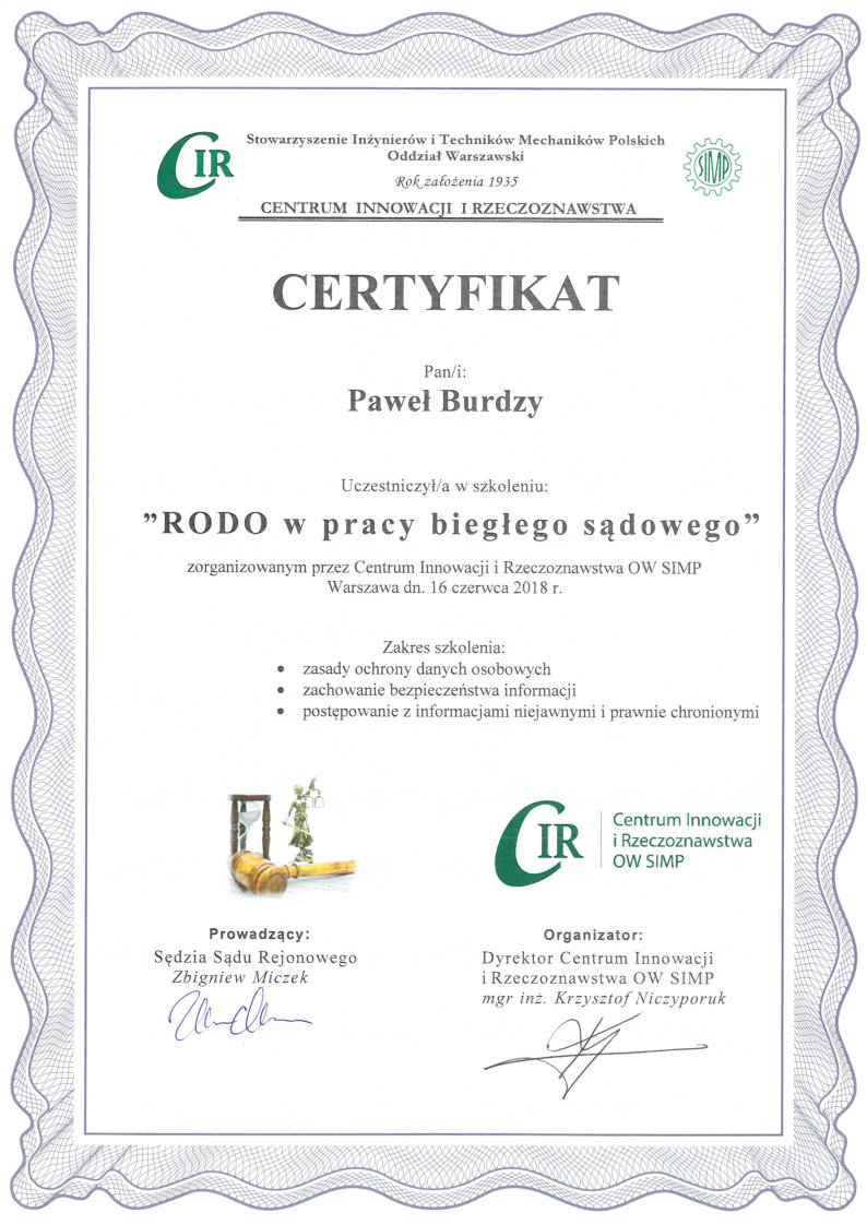  Certyfikat RODO w pracy biegłego sądowego